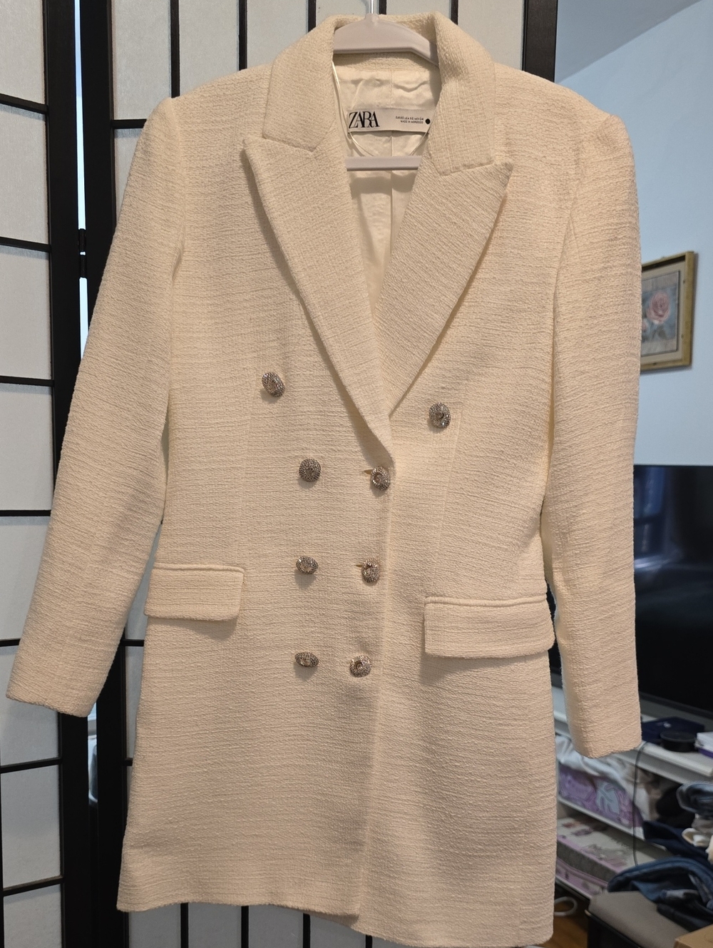 Zara Cream Double-Breasted Tweed Blazer